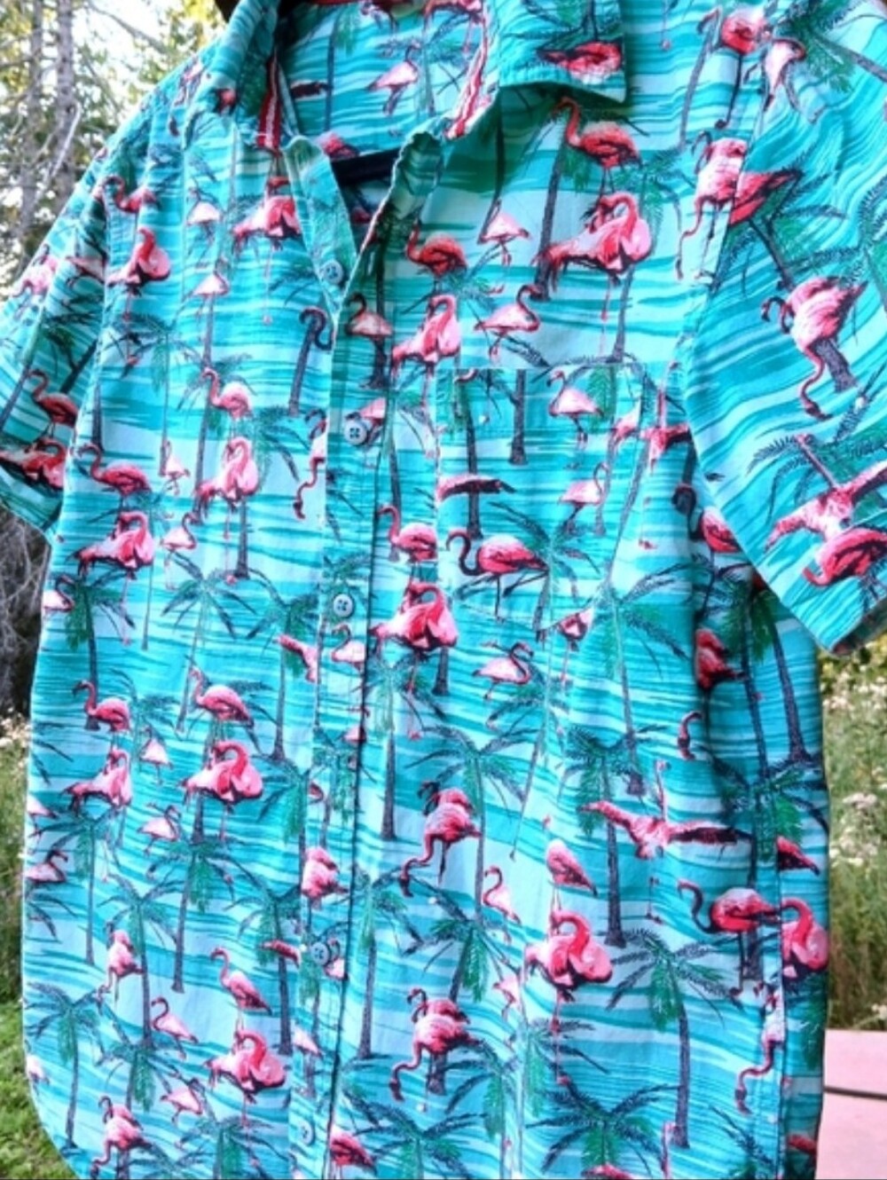Stoic FLAMINGO Tropical Button Up Shirt Novelty Hawaiian Small Animal Print